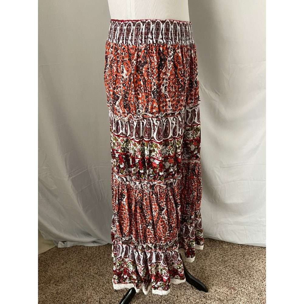 Available Multi-color Paisley Floral Print 4-Tier Elastic Waist Maxi Skirt - Picture 3 of 8